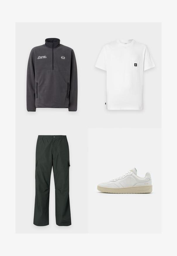 Sudadera de forro polar gris con cuello alto, media cremallera en la parte frontal, dos bolsillos laterales y texto y logo bordado de "Original Sports Club".; Camiseta blanca de algodón con cuello redondo, mangas cortas y un bolsillo en el pecho con un parche de logo negro. Textura suave, ajuste relajado.; Pantalones cargo verde oscuro con un corte relajado, cintura elástica, bolsillos cosidos y una textura de tela suave y ligera.; Zapatillas blancas de cuero con un acabado texturizado y cuello acolchado. Cuentan con una suela de goma beige y un sutil logotipo en el talón y el lado.