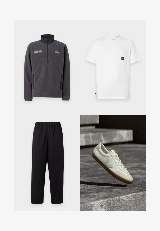 Grå fleecepullover med høj krave, halvlynlås foran, to sidelommer og broderet tekst og logo "Original Sports Club".; Hvid bomulds T-shirt med rund halsudskæring, korte ærmer og en brystlomme med en sort logopatch. Glat tekstur, løs pasform.; Sorte, vide ben bukser med elastisk talje og en enkelt knap. Lavet af et glat, letvægtsstof. Lige kant.; Hvide læder sneakers med tanfarvet gummisål, flade snørebånd og V-formet detalje på siden. Har en glat overflade og minimale syninger.