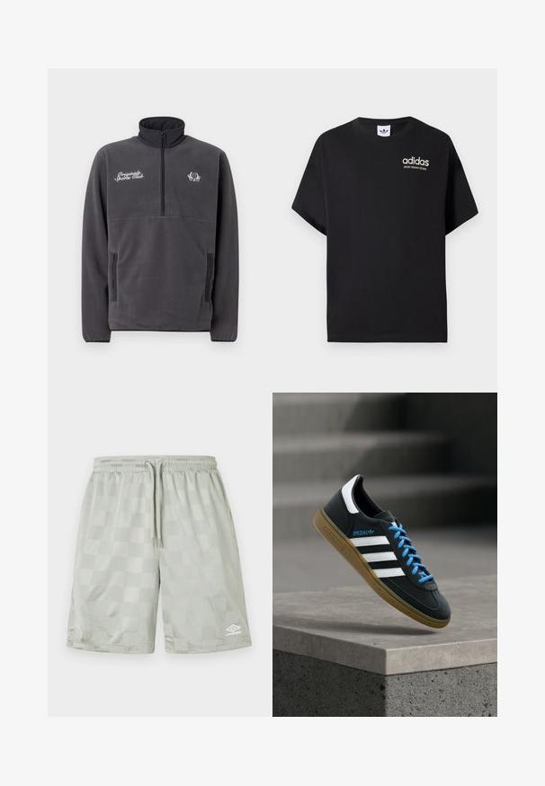 Pull en polaire gris avec un col haut, fermeture éclair à mi-hauteur à l'avant, deux poches latérales, et texte et logo brodés "Original Sports Club".; T-shirt en coton noir à manches courtes, avec un col rond et un logo Adidas blanc avec "SPORT DESIGN STUDIO" en or. Texture lisse.; Umbro FOOTBALL SHORT - Pantalon de survêtement - harbor mist; Baskets Adidas noires avec des rayures blanches, des lacets bleus et une semelle en gomme flottant au-dessus d'une marche en béton grise sous une lumière douce.