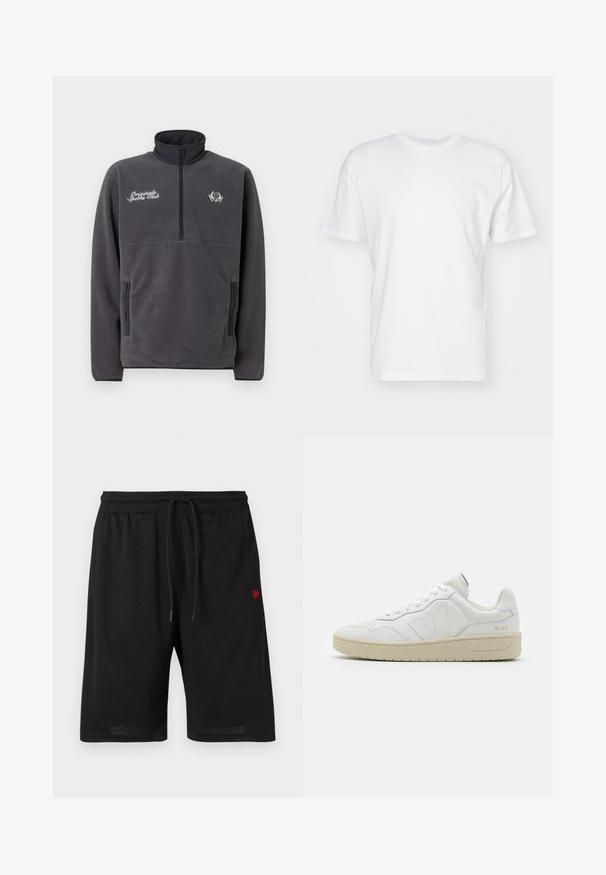 Grijze fleece pullover met een hoge kraag, halve rits aan de voorkant, twee zijzakken en geborduurde tekst en logo "Original Sports Club".; Witte katoenen T-shirt met korte mouwen, ronde halslijn en een gladde textuur. Eenvoudig ontwerp zonder patronen of afbeeldingen.; Zwarte mesh shorts met een elastische tailleband, verstelbaar trekkoord en een klein rood logo aan de linkerzijde. Lichtgewicht en ademend materiaal.; Witte leren sneakers met een gestructureerde afwerking en een gevoerde kraag. Voorzien van een beige rubberen zool en subtiele branding op de hiel en zijkant.