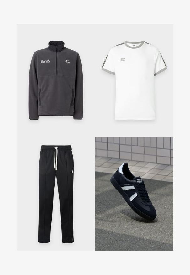 Hallid fleece-pullover, millel on kõrge krae, pool- või tõmblukuga esikülg, kaks külgekotti ning brodüüritud "Original Sports Club" tekst ja logo.; Valge lühikeste varrukatega T-särk halli kaeluse ja varrukaotstega, must ja hall triibuline muster varrukatel, ning Umbro logo rinnal.; Mustad must nadrugid valge paelaga, külgedele triibud, ees taskud ja väike valge Championi logo vasakul reiel.; Must have musta sneaker musta valgete triipudega, tekstuurne kummitald ja nööridega esiosa. Omab bränditud märki keele peal.