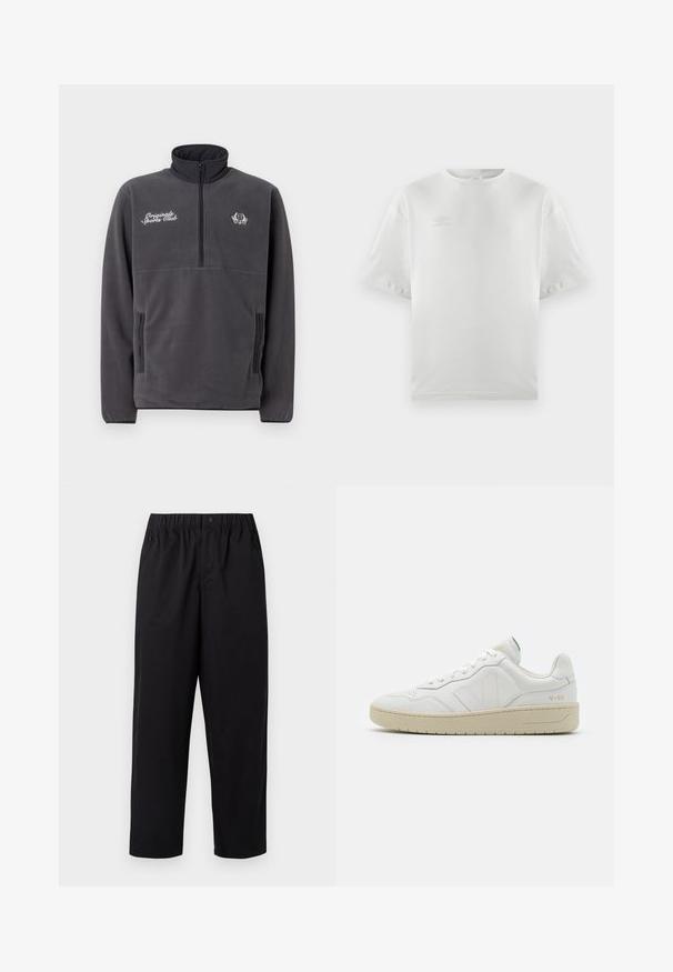 Grå fleecepullover med høj krave, halvlynlås foran, to sidelommer og broderet tekst og logo "Original Sports Club".; Hvid bomulds t-shirt med korte ærmer, rund hals og diskret logo trykt i lys grå på brystet; glat tekstur og afslappet pasform.; Sorte, vide ben bukser med elastisk talje og en enkelt knap. Lavet af et glat, letvægtsstof. Lige kant.; Hvide lædersneakers med struktureret overflade og polstret krave. Har en beige gummisål og diskret branding på hælen og siden.