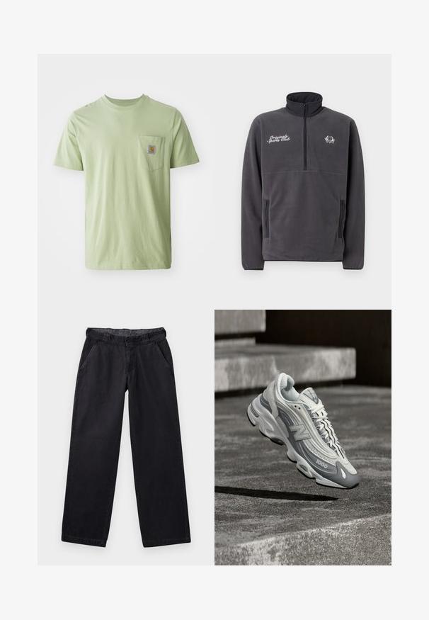 Grau Fleece-Pullover mit hohem Kragen, halber Reißverschluss vorne, zwei seitlichen Taschen und gesticktem "Original Sports Club"-Text sowie Logo.; Helles grünes T-Shirt mit kurzen Ärmeln aus weichem Stoff, mit einer Brusttasche und einem quadratischen Logo-Patch. Schlichtes, unverziertes Design.; Schwarze weite Hosen aus robustem Stoff, mit flachem Bund, zwei seitlichen Taschen und einer glatten Textur.; Weißer und grauer New Balance 1000 Sneaker schwebt über einer Betonfläche mit Treppen im Hintergrund.