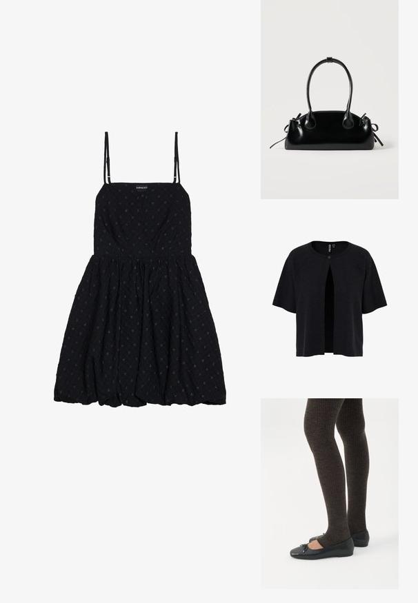 Sort cardigan med korte ærmer, åben front og knaplukning. Fremstillet af struktureret materiale med en løs pasform. Simpelt, minimalistisk design.; Even&Odd by Zalando Cocktailkjole / festkjole - black; Ben iført mørke ribbede leggings kombineret med sorte balletsko med små sløjfedetaljer på hvid baggrund.; Lille sort blank håndtaske med to lange håndtag og snøre-detaljer i siden på en ensfarvet lys baggrund.