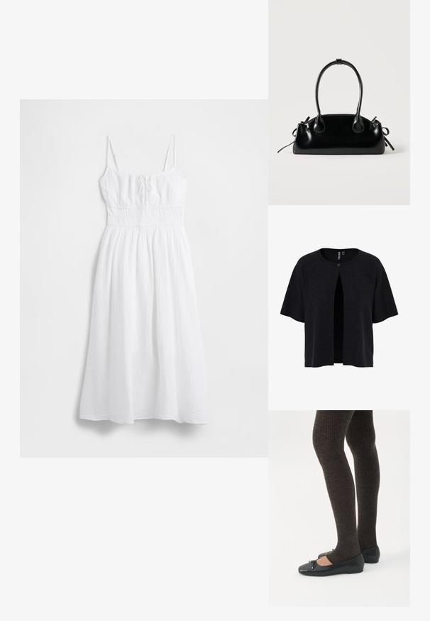 Cardigan noir à manches courtes, ouvert à l'avant, avec une fermeture à bouton. Fabriqué en matériau texturé avec une coupe ample. Design simple et minimal.; Robe longue blanche en tissu texturé, avec fines bretelles réglables, taille smockée et jupe fluide. Matière lisse et légère.; Jambes portant des leggings côtelés foncés associés à des ballerines noires avec de petits détails en nœud sur fond blanc.; Petit sac à main noir brillant avec deux longues anses et des détails à cordon sur les côtés sur un fond clair uni.