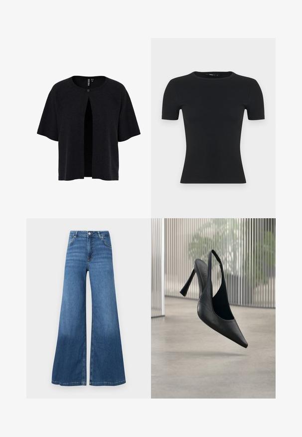 Sort cardigan med korte ærmer, åben front og knaplukning. Fremstillet af struktureret materiale med en løs pasform. Simpelt, minimalistisk design.; Sort, ribbet t-shirt med korte ærmer, rund halsudskæring, tætsiddende design, lavet af tekstureret stof med en glat finish og uden synlige detaljer.; Bredde bukser i blå denim med høj talje, forlommer og en ren søm. Ingen synlige mønstre eller pyntegeler.; Sort læder slingback stilet hælsko med spids tå, svævende over en glat beton gulv og vertikal metal panel baggrund.