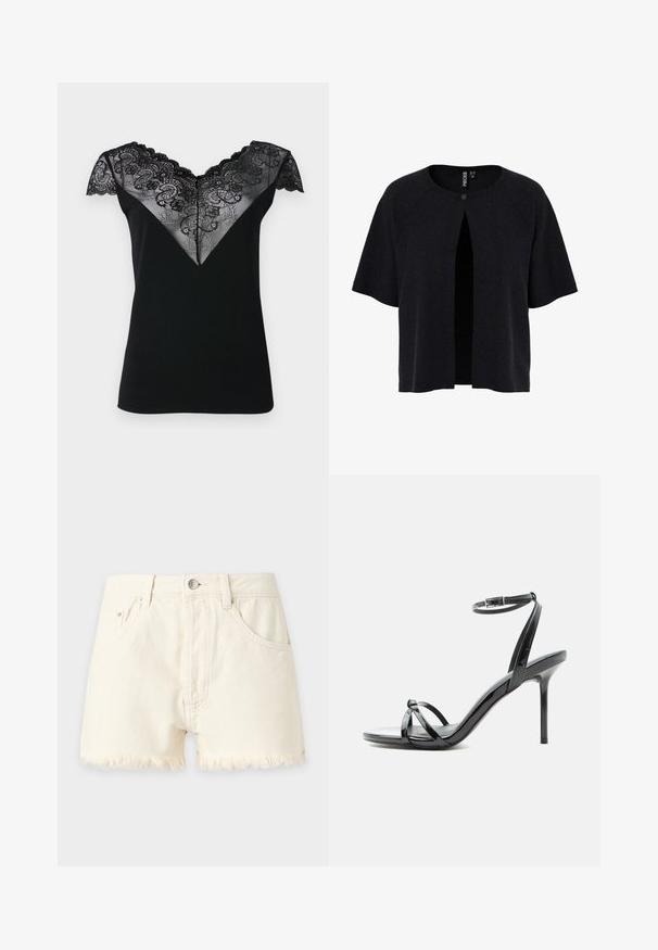 Cardigan noir à manches courtes, ouvert à l'avant, avec une fermeture à bouton. Fabriqué en matériau texturé avec une coupe ample. Design simple et minimal.; Haut noir à manches courtes avec un revêtement en dentelle en forme de V, orné de motifs floraux délicats et de bords festonnés le long de l'encolure et des manches.; Short en jean blanc cassé avec un ourlet effiloché, poches avant, passants pour ceinture et fermeture par bouton métallique.; Sandale à talon haut en cuir verni noir avec de fines lanières croisées sur les orteils et une sangle à boucle à la cheville sur fond blanc.