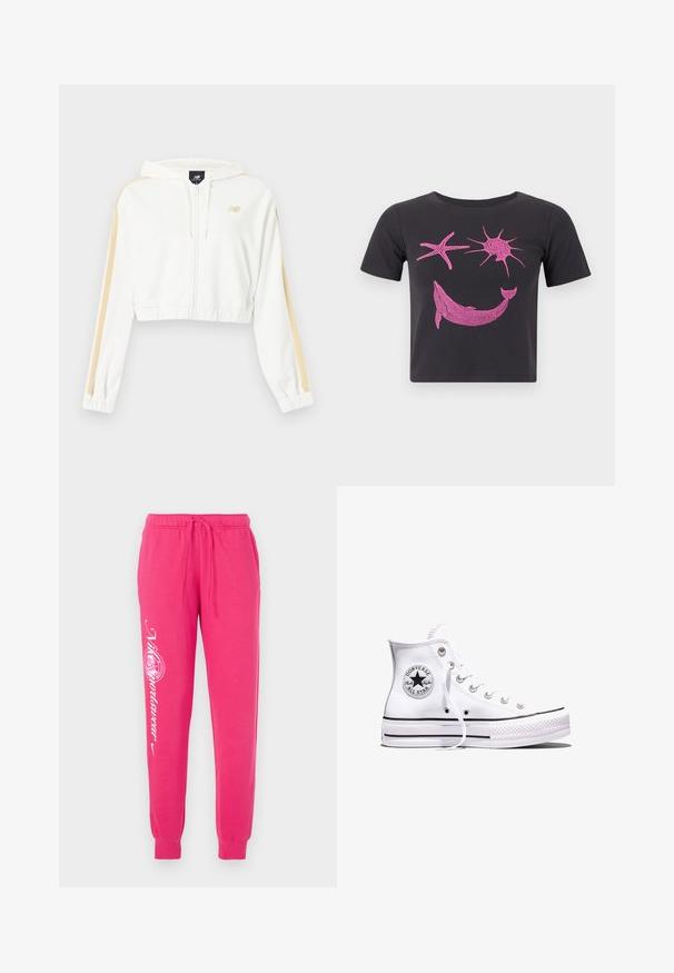 Witte cropped zip-up hoodie met beige strepen op de mouwen, elastische manchetten en zoom, en een klein New Balance-logo op de borst.; Zwart kort mouw crop top met roze afbeelding van een dolfijn, zeester en zon aan de voorkant tegen een effen achtergrond.; Roze trainingsbroeken van zacht materiaal, met een trekkoord in de taille, taps toelopende boorden en witte grafische tekst op het linkerbeen.; Witte Converse Chuck Taylor All Star sneaker met hoge schacht, zwarte strepen en logo-patch aan de zijkant, weergegeven tegen een effen witte achtergrond.