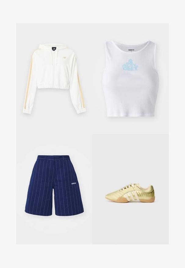 Valkoinen lyhyt vetoketjullinen huppari, jossa on beiget raidat hihoissa, joustavat hihansuut ja helma sekä pieni New Balance -logo rinnassa.; Valkoinen ribattua crop-topia, jossa on pyöreä kaula-aukko ja vaaleansininen "OBEY"-logo keskellä rintaa. Silkkinen rakenne ja istuva muotoilu.; Tummansininen lyhyt housut, joissa on valkoiset pystyraitaiset viivat, valmistettu puuvillasta, vyötäröllä on vyölenkit ja vasemmassa helmassa kirjailtu logo.; Limenvihreä synteettinen urheilukenkä, jossa on sileä pinta, kolme valkoista raitaa, pehmeä sisävuori ja kuvioitu kumipohja.
