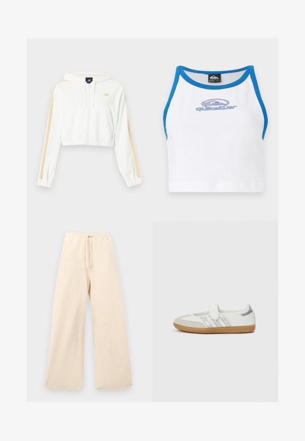 Sweat à capuche court blanc avec fermeture éclair, rayures beige sur les manches, poignets et ourlet élastiques, et petit logo New Balance sur la poitrine.; Débardeur blanc avec des contours bleus et un col rond. Présente un logo Quiksilver bleu à l'avant. Fabriqué dans un matériau lisse et léger.; Pantalons à jambes larges en beige clair, fabriqués dans un tissu texturé. Dotés d'une taille élastique avec cordon de serrage. Design simple et sans embellissement.; Baskets blanches avec rayures argentées, embout en daim et bande velcro. Semelle en caoutchouc gomme texturée. Design minimaliste avec une finition lisse.