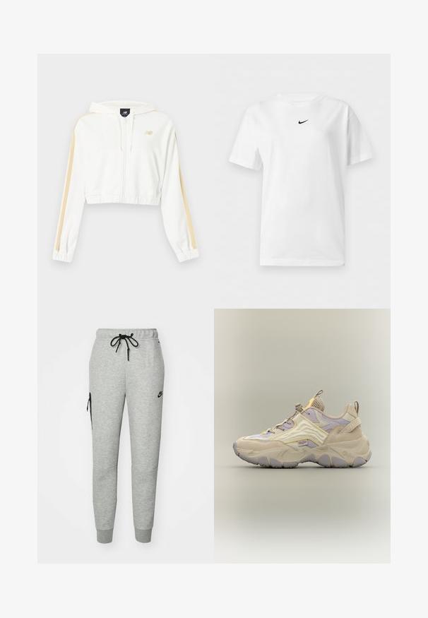 Hvid cropped hættejakke med lynlås, beige striber på ærmerne, elastiske ærmeender og kant samt et lille New Balance-logo på brystet.; Hvid t-shirt med korte ærmer og rund halsudskæring med et lille sort Nike Swoosh-logo centreret nær kraven.; Grå træningsbukser lavet af blødt stof med en snoretræk i taljen, tapered ben og en lynlåslomme på venstre side. Har sort logo.; Kraftig sneaker i beige og lavendel med tyk sål, mesh- og ruskindspaneler, trækflapper på tungen og hælen samt mærkede "Buffalo" detaljer.