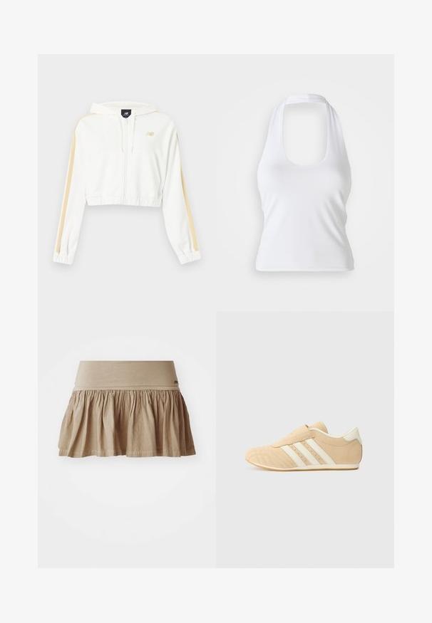 Hvid cropped hættejakke med lynlås, beige striber på ærmerne, elastiske ærmeender og kant samt et lille New Balance-logo på brystet.; Hvid halterneck top med scoop-udskæring, lavet af glat, strækbart stof. Har et minimalistisk design uden dekorative elementer eller mønstre.; Beige bomuldsnederdel med en rynket kant, der har et bredt elastisk taljebånd. Let materiale med en blød tekstur og afslappet design.; Brune og creme atletiksko med overdel i glat læder, tre hvide striber på siden og en rund tå. Tekstureret overdel med perforeringer.