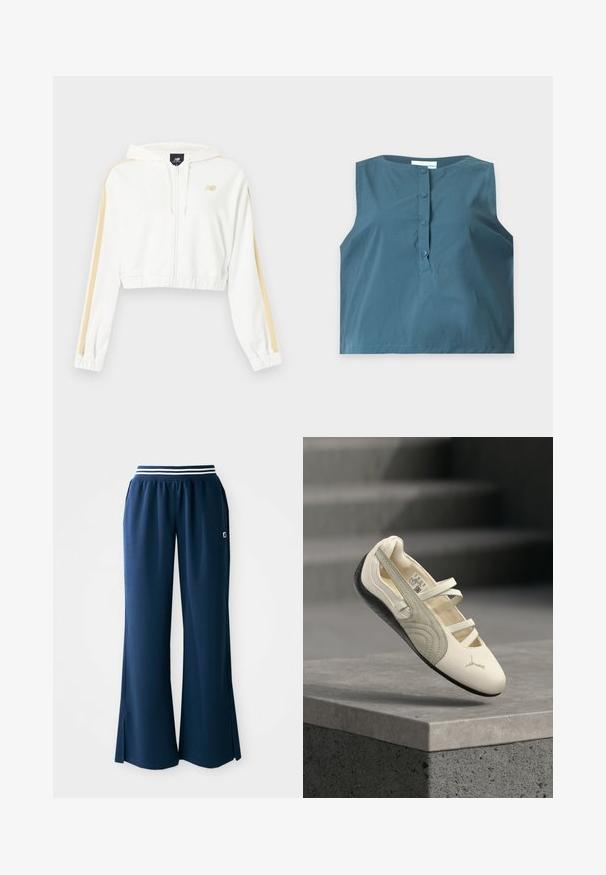 Hvid cropped hættejakke med lynlås, beige striber på ærmerne, elastiske ærmeender og kant samt et lille New Balance-logo på brystet.; Ærmeløs blå top med rund hals og fire knapper ned langs stolpen foran, vist fladt på en ensfarvet lys baggrund.; Marineblå sportsbukser med bred benvidde, elastisk talje med en hvid stribe og sideskridser for bedre bevægelse. Logo på lommen.; Hvid og grå balletflat-sneaker med tre elastiske stropper og sort sål, vist i luften over en betonhylde.