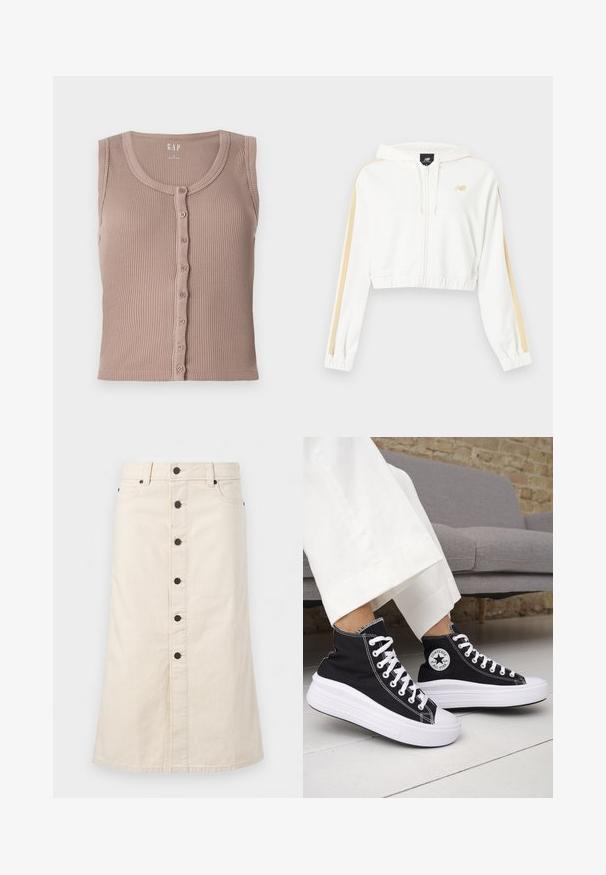 Sweat à capuche court blanc avec fermeture éclair, rayures beige sur les manches, poignets et ourlet élastiques, et petit logo New Balance sur la poitrine.; Débardeur en maille marron avec un col rond et un devant à boutons, présentant des rayures texturées horizontales et sans manches. Fabriqué en tissu doux.; Jupe en jean beige longueur genou avec boutons noirs à l'avant, passants pour ceinture et poches latérales sur un fond blanc uni.; Baskets montantes noires avec semelles et lacets en caoutchouc blanc. Dotées d'un patch logo rond et de surpiqûres blanches contrastantes. Matière en toile.