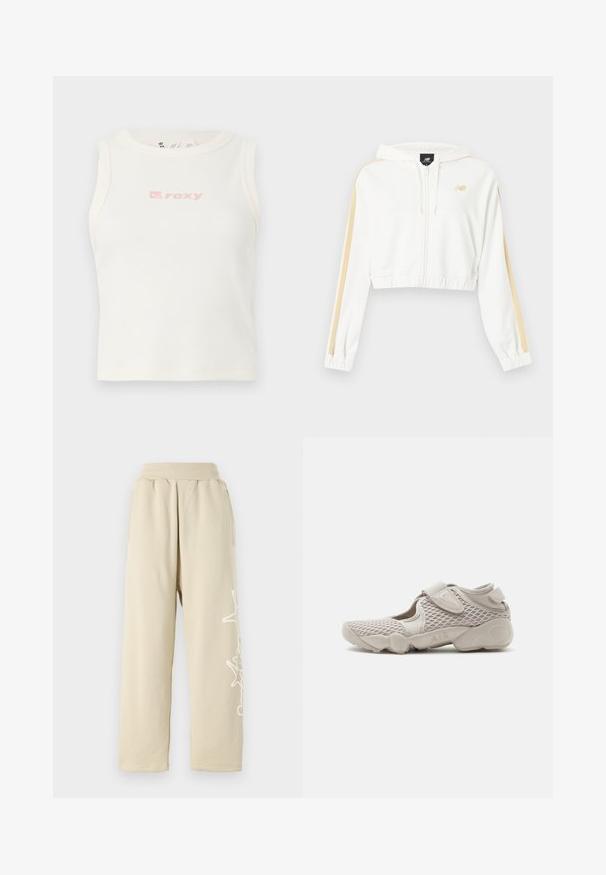 Sweat à capuche court blanc avec fermeture éclair, rayures beige sur les manches, poignets et ourlet élastiques, et petit logo New Balance sur la poitrine.; Débardeur blanc côtelé avec un col rond et un petit logo "Roxy" rose sur la poitrine. Texture lisse, design ajusté, sans manches.; Pantalons de jogging beige, coupe décontractée, avec une taille élastique, des poches latérales et un détail graphique blanc le long de la jambe gauche. Matière en coton doux.; Chaussure de sport beige clair avec tige en mesh, bride réglable et semelle rembourrée marquée "AIR", vue de côté sur fond blanc.