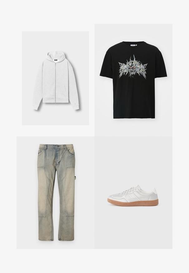 Valkoinen ympäriltä avattava huppari, jossa on etutaskut, pitkät hihat ja kiinnitettävä huppu, makaa tasaisena yksinkertaisella taustalla.; Weekday OVERSIZED GRAPHIC - Printtipaita - final tour; Vaaleansiniset kuluneet farkut, joissa on löysä istuvuus, suuret etutaskut ja erottuva tikkaus. Kangas on pehmeä ja kulunut.; Hopeasuudet hopeanväriset, sileäpintaiset, nauhakiinnityksellä, reikäkohdistuksilla ja kuvioidulla ruskealla kumipohjalla.