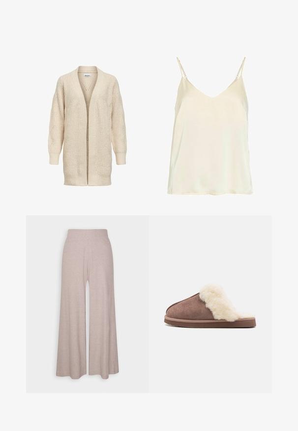 Cardigan long beige en maille avec devant ouvert, poignets et ourlet côtelés, motif texturé sur les manches et le corps.; Haut débardeur couleur crème sans manches avec fines bretelles réglables et encolure en V.; Pantalons larges gris clair fabriqués en tissu doux et côtelé, dotés d'une taille haute et de jambes longues avec une texture subtile.; Chausson en daim marron avec une doublure en fausse fourrure crémeuse et duveteuse, un design ouvert à l'arrière et une semelle en caoutchouc plate, mettant en avant une texture douce et une apparence confortable.