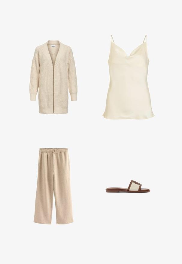 Cárdigan largo beige de punto con delantero abierto, puños y bajo acanalados y patrón texturizado en las mangas y el cuerpo.; Camisola de satén color crema con tirantes finos y escote drapeado, textura suave y ligero vuelo en el bajo.; Pantalones de pierna ancha beige fabricados con una tela suave, con una cinturilla elástica y cordones, y una sutil textura moteada en toda su superficie.; Sandalia deslizante de cuero marrón con una parte superior de tejido beige, suela plana y punta redondeada. El diseño incluye un acento con el logo en la correa.