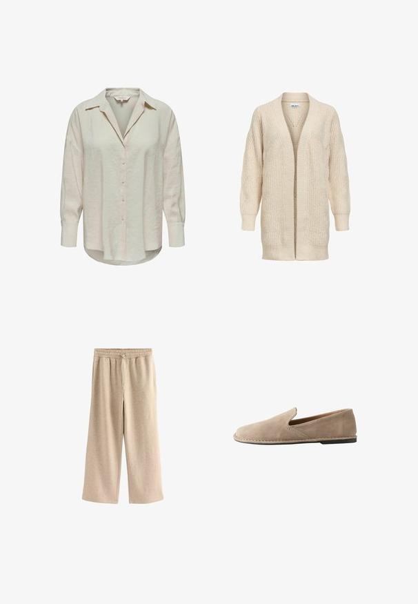 Beige lang strikket cardigan med åben front, ribstrikkede manchetter, kant og tekstureret mønster på ærmer og krop.; Lys beige skjorte med knapper og krave, lange ærmer og et let struktureret stof. Har en buet kant og knapper foran.; Cremefarvede breddebenede bukser lavet af blødt bomuldsblandingsstof. Har en elastisk talje med snor og en subtil plettet tekstur.; Beige ruskind slip-on loafers med rund tå, lav flad hæl, syet sål og elastisk sideindsats for nem påtagning.