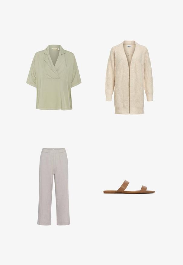 Beige lang strikket cardigan med åben front, ribstrikkede manchetter, kant og tekstureret mønster på ærmer og krop.; Lysegrøn, kortærmet bluse med en indsnittet krave og løs pasform. Glat tekstur, med plissee ved halsudskæringen for ekstra detaljer.; Lysegrå hørblandingsbukser med vidde ben, elastisk talje og lige kant.; Brune flade sandaler med to brede, glatte remme, et minimalistisk design og en flad sål. Materialet virker syntetisk og fleksibelt.