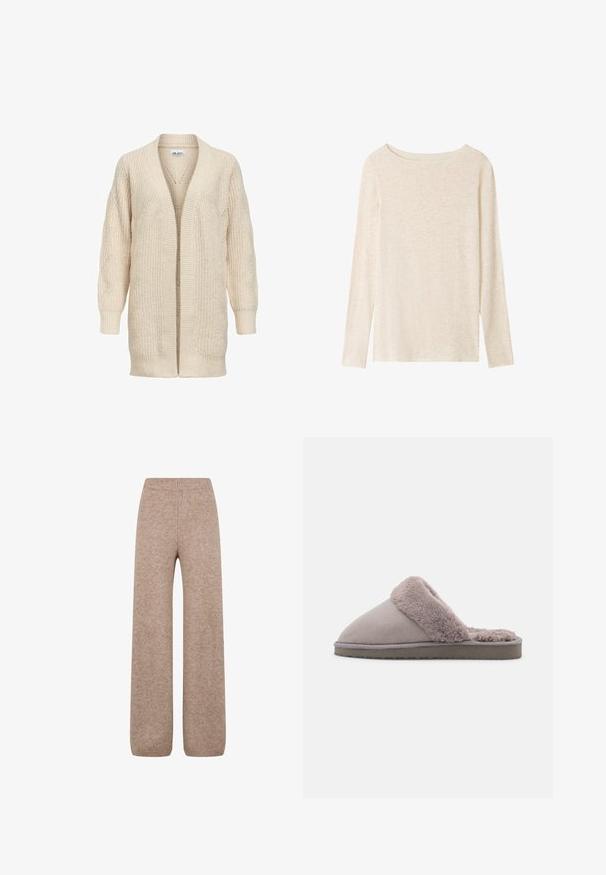 Beige lange gebreide cardigan met open voorkant, geribde manchetten, zoom en een gestructureerd patroon op mouwen en lichaam.; Lichtbeige fijngebreide top met lange mouwen, boothals en een subtiele gemêleerde structuur.; Brede gebreide broek in een lichtbruine tint met een ribbel waistband en manchetten, gemaakt van een zachte, gestructureerde stof. Geen zichtbare zakken.; Grijze suède pantoffel met een zachte, fluffy, lichtgrijze bontvoering. Gesloten te ontwerp en flexibele, gestructureerde zool voor grip.