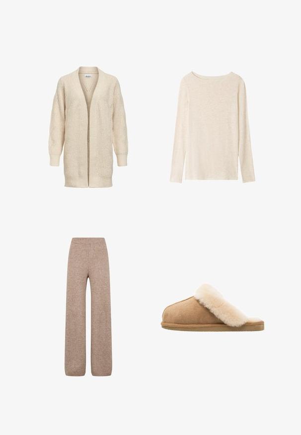 Beige lange gebreide cardigan met open voorkant, geribde manchetten, zoom en een gestructureerd patroon op mouwen en lichaam.; Lichtbeige fijngebreide top met lange mouwen, boothals en een subtiele gemêleerde structuur.; Brede gebreide broek in een lichtbruine tint met een ribbel waistband en manchetten, gemaakt van een zachte, gestructureerde stof. Geen zichtbare zakken.; Beige suède instapschoen met een zachte, fluffy crème schapenvachtvoering. Voorzien van een platte, gestructureerde rubberen zool voor grip.