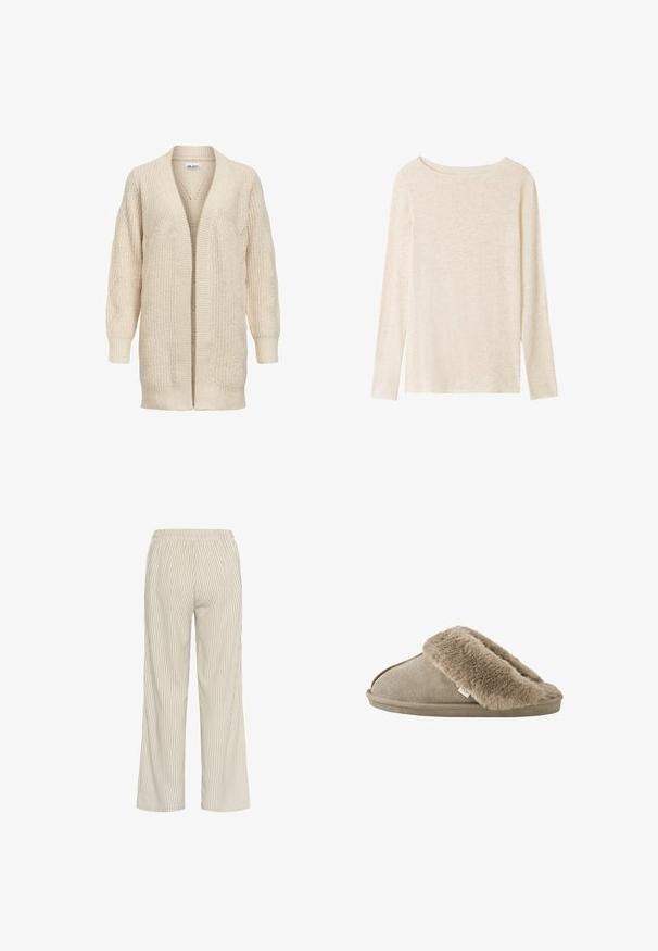 Cárdigan largo beige de punto con delantero abierto, puños y bajo acanalados y patrón texturizado en las mangas y el cuerpo.; Top de punto beige claro de manga larga con escote barco y una textura jaspeada sutil.; Pantalones a rayas de color beige claro con un corte holgado, que cuentan con una cintura elástica y líneas verticales que crean una apariencia texturizada.; Zapatilla beige sin talón con forro interior de suave piel sintética alrededor de la abertura y suela exterior con apariencia de ante.