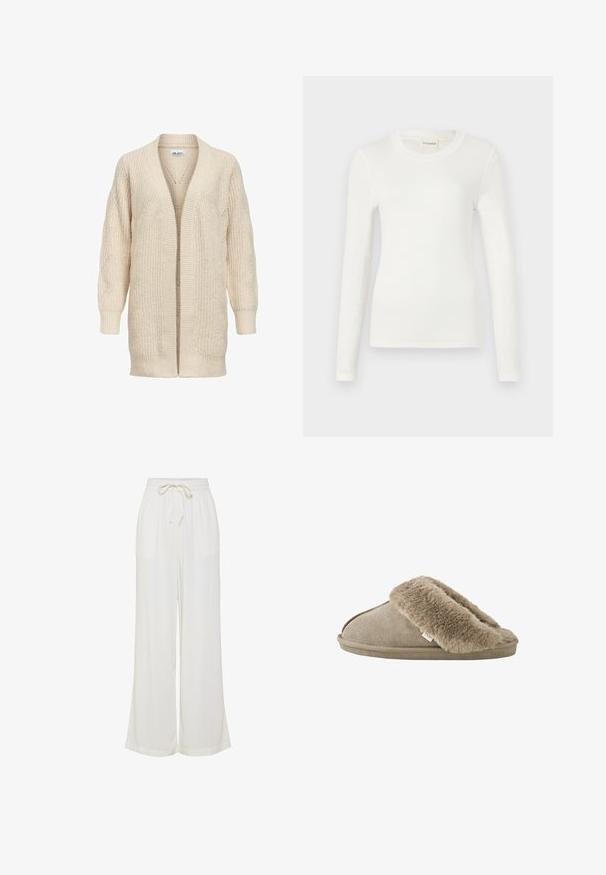 Beige lang strikket cardigan med åben front, ribstrikkede manchetter, kant og tekstureret mønster på ærmer og krop.; Langærmet hvid t-shirt lavet af blødt stof, med rund halsudskæring og et tætsiddende snit. Minimalistisk design uden mønstre eller accenter.; Hvide vidde bukser lavet af et let stof, med en elastisk talje med snøre og to sidelommer.; Beige slip-on tøfler med blød, plyssede pelsforing omkring åbningen og en ydersål med ruskindslignende overflade.