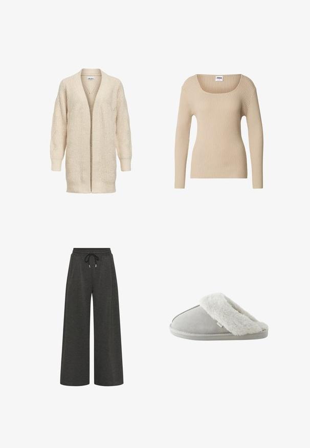 Beige lang strikket cardigan med åben front, ribstrikkede manchetter, kant og tekstureret mønster på ærmer og krop.; Beige ribstrikket sweater med firkantet halsudskæring og lange ærmer, lavet af blødt, tekstureret stof. Enkel design egnet til lag-på-lag.; Mørkegrå, bredbenede bukser lavet af blødt stof, med elastisk talje og snøre samt to sidelommer.; Lysegrå slip-on tøfler med blødt hvidt kunstpelsfor og sål mærket "NEXT," set fra siden på hvid baggrund.