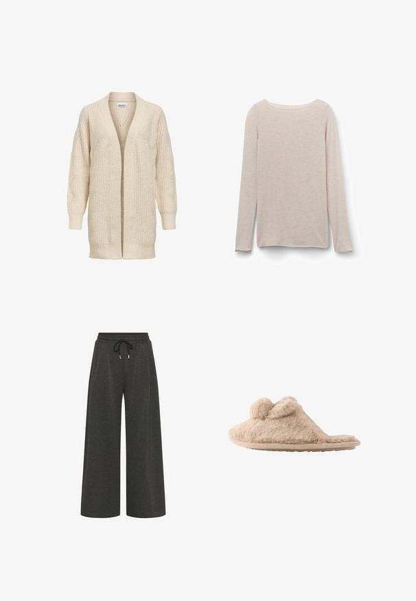 Beige lang strikket cardigan med åben front, ribstrikkede manchetter, kant og tekstureret mønster på ærmer og krop.; Lyserød langærmet t-shirt med afslappet rund halsudskæring, lavet af blødt stof med en subtil meleret tekstur.; Mørkegrå, bredbenede bukser lavet af blødt stof, med elastisk talje og snøre samt to sidelommer.; Beige, fløjlsblød hjemmesko med to pomponer på toppen og en flad sål, designet til indendørs brug.