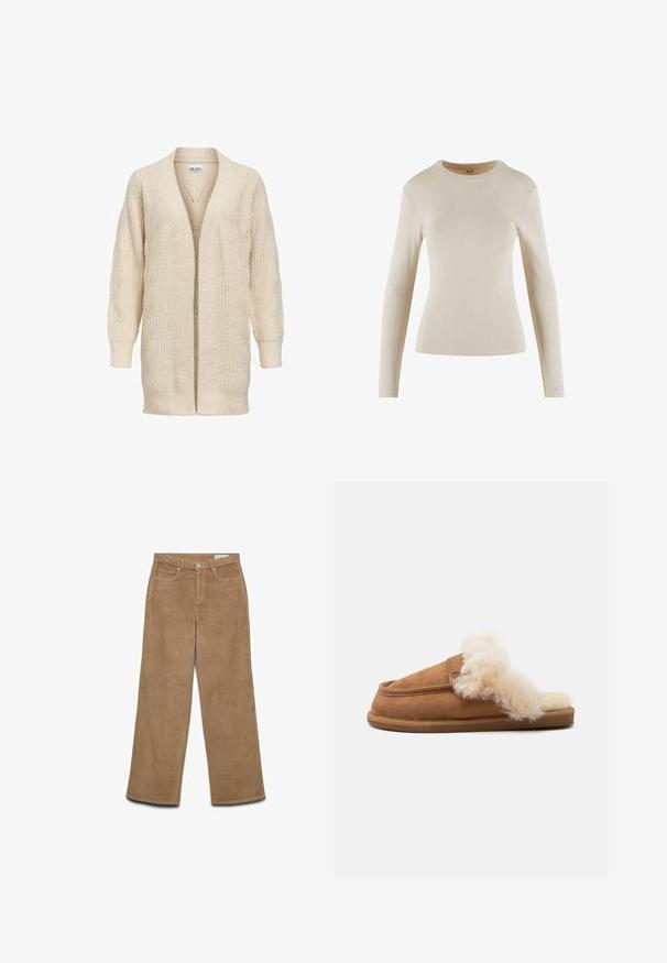 Cardigan long beige en maille avec devant ouvert, poignets et ourlet côtelés, motif texturé sur les manches et le corps.; Haut beige à manches longues en côte avec un col rond ; présente un design ajusté et un petit logo en détail sur le poignet.; Pantalons en velours côtelé marron à jambes larges avec une surface texturée, deux poches avant, une fermeture à bouton et une étiquette à la taille.; Chausson en daim marron à enfiler avec doublure et bordure en fourrure crème duveteuse, semelle plate, montré de côté sur fond blanc.