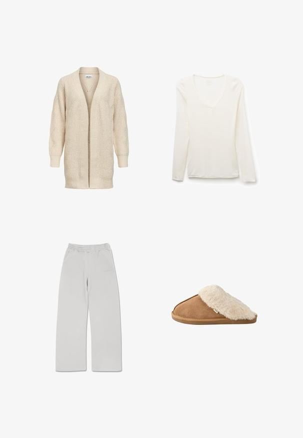 Beige lang strikket cardigan med åben front, ribstrikkede manchetter, kant og tekstureret mønster på ærmer og krop.; Hvid V-hals skjorte med lange ærmer, slim fit, lagt fladt på en hvid baggrund.; Lysegrå sweatpants lavet af blødt stof, med elastisk talje, to sidelommer og lige snit.; Brun slip-on tøffel med blød beige imiteret pelsforing og sål, vist fra siden på hvid baggrund.