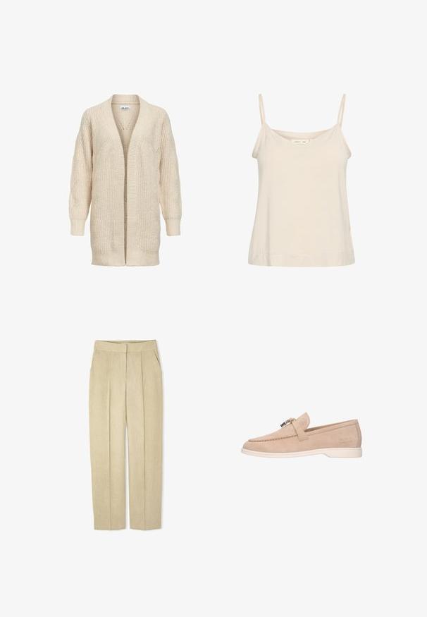 Cárdigan largo beige de punto con delantero abierto, puños y bajo acanalados y patrón texturizado en las mangas y el cuerpo.; Camiseta sin mangas de color beige claro, hecha de una tela suave, con finas correas ajustables y un escote en V con un corte ligeramente relajado.; Pantalones de lino beige con cintura alta, con piernas anchas, dos bolsillos laterales y pliegues frontales. Textura suave y diseño sencillo.; Mocasín beige de ante sin cordones con suela blanca, detalle de hebilla metálica en la parte superior y "Melvin & Hamilton" grabado en el lateral.