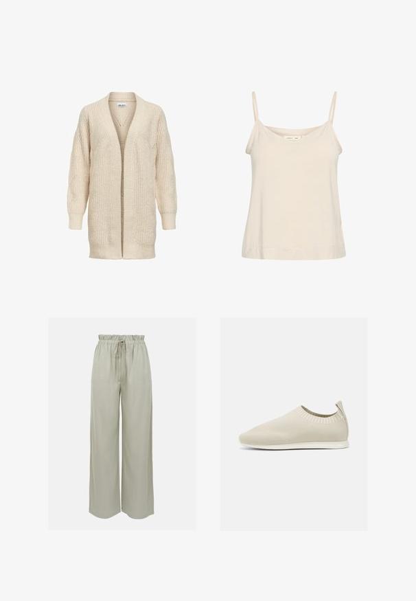 Cardigan long beige en maille avec devant ouvert, poignets et ourlet côtelés, motif texturé sur les manches et le corps.; Camisole beige clair en tissu doux, avec de fines bretelles réglables et un décolleté en V, offrant une coupe légèrement décontractée.; Pantalon ample gris clair en tissu doux. Dispose d'une taille élastique avec cordon de serrage et d'une texture lisse. Aucun motif visible.; Chaussure slip-on en tricot beige avec profil bas, tige texturée et semelle flexible. Présente un design tissé autour de la cheville pour plus de confort.