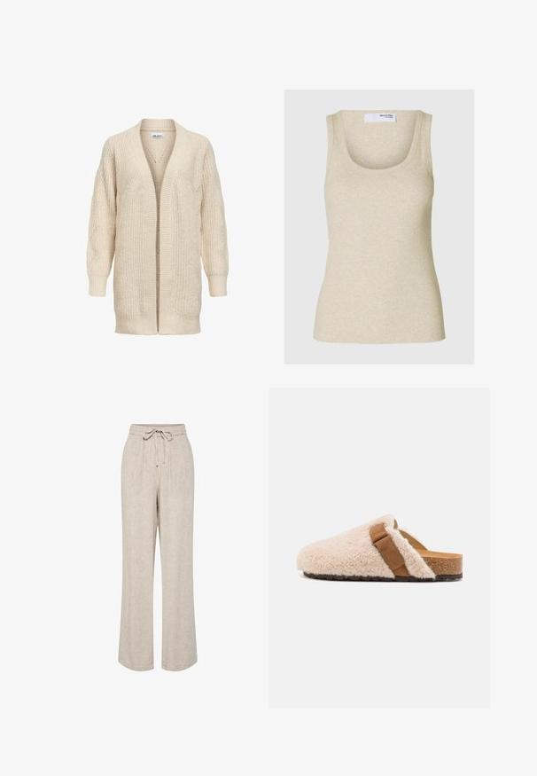 Cardigan long beige en maille avec devant ouvert, poignets et ourlet côtelés, motif texturé sur les manches et le corps.; Débardeur beige à côtes avec un décolleté arrondi et des bretelles larges. Fabriqué en tissu doux, il présente une silhouette ajustée.; Pantalon beige coupe ample avec jambes larges, taille élastique et cordon noué à l'avant.; Sabots en shearling beige à enfiler avec une sangle en daim marron, semelle en liège et semelle extérieure en caoutchouc texturé, conçus pour le confort et le port décontracté.