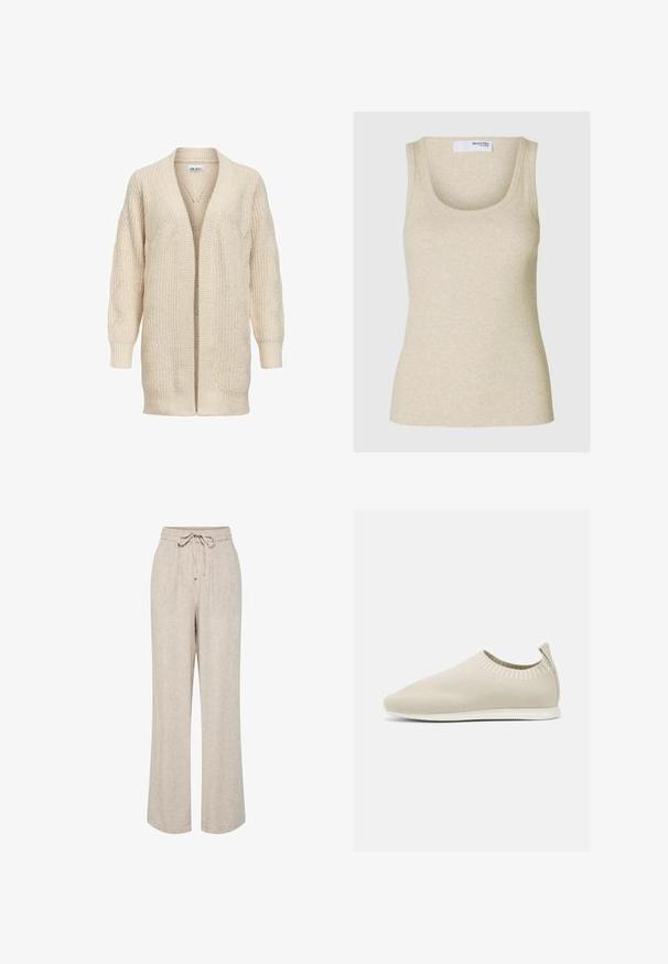 Cardigan long beige en maille avec devant ouvert, poignets et ourlet côtelés, motif texturé sur les manches et le corps.; Débardeur beige à côtes avec un décolleté arrondi et des bretelles larges. Fabriqué en tissu doux, il présente une silhouette ajustée.; Pantalon beige coupe ample avec jambes larges, taille élastique et cordon noué à l'avant.; Chaussure slip-on en tricot beige avec profil bas, tige texturée et semelle flexible. Présente un design tissé autour de la cheville pour plus de confort.