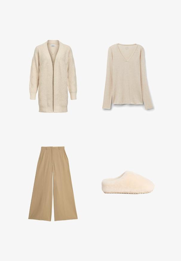 Beige lang strikket cardigan med åben front, ribstrikkede manchetter, kant og tekstureret mønster på ærmer og krop.; Langærmet V-hals top i lys beige stof med en blød tekstur. Afslappet pasform med lige kant og minimalistisk design.; Beige brede bukser lavet af et let væv, med to sidelommer, flad front og en glat overflade.; Beige, bløde, fuzzy tøfler med en solid flad sål og rund tå, der har et sømløst design og en blød tekstur.