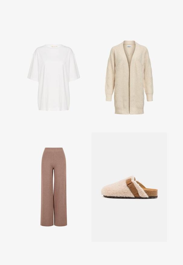 Cárdigan largo beige de punto con delantero abierto, puños y bajo acanalados y patrón texturizado en las mangas y el cuerpo.; Camiseta de manga corta blanca, confeccionada en algodón suave. Presenta un escote redondo y un discreto detalle de logo en el lado izquierdo del pecho. Diseño de corte recto.; Pantalones de punto marrones de pierna ancha con una tela texturizada, que cuentan con una cinturilla elástica y un ajuste holgado para mayor comodidad.; Zuecos de piel de oveja en color beige con una tira de ante marrón, plantilla de corcho y suela exterior de goma texturizada, diseñados para comodidad y uso casual.