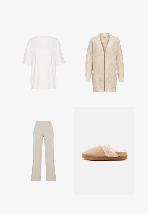 Beige lange gebreide cardigan met open voorkant, geribde manchetten, zoom en een gestructureerd patroon op mouwen en lichaam.; Witte korte mouwen t-shirt van zachte katoen. Heeft een ronde halslijn en een subtiele logo detail op de linkerborst. Rechte pasvorm.; Beige wijde broek met een gladde ribbelstructuur, elastische tailleband en geen zichtbare versieringen, die een ontspannen silhouet biedt.; Beige instap pantoffel met zachte, pluizige witte voering en een bruine rubberen zool, zijaanzicht op een effen achtergrond.