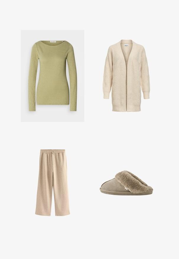 Beige lange gebreide cardigan met open voorkant, geribde manchetten, zoom en een gestructureerd patroon op mouwen en lichaam.; Langemouwige top in licht olijfgroen, gemaakt van een zachte, gestructureerde stof. Heeft een brede halslijn en een aansluitende silhouet.; Crème-kleurige wijde broek gemaakt van een zachte katoenmix. Heeft een elastische tailleband met trekkoord en een subtiele gespikkelde textuur.; Beige instapslof met zachte, pluche bontvoering rond de opening en een suède-achtige buitenzool.