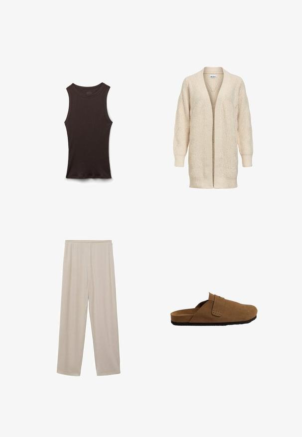 Beige lange gebreide cardigan met open voorkant, geribde manchetten, zoom en een gestructureerd patroon op mouwen en lichaam.; Zwart geribd mouwloos hemdje met een ronde halslijn, plat liggend weergegeven op een witte achtergrond.; Beige, lichte katoenen broek met een recht model, elastische tailleband en een gladde textuur. Geen zichtbare patronen of hardware.; Bruine suède instapper clogs hebben een ronde neus, een zachte textuur en een zwarte rubberen zool. Inclusief een decoratieve gespsluiting.