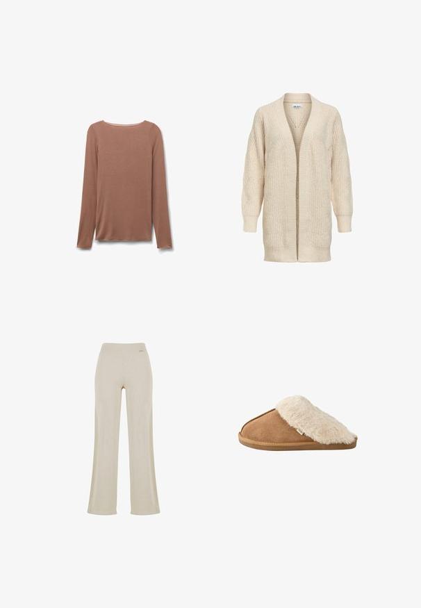 Cárdigan largo beige de punto con delantero abierto, puños y bajo acanalados y patrón texturizado en las mangas y el cuerpo.; Camiseta de manga larga color marrón claro con cuello redondo, de textura simple y lisa, mostrada extendida sobre un fondo blanco.; Pantalones de pierna ancha beige con una suave textura acanalada, cinturilla elástica y sin adornos visibles, que ofrecen una silueta relajada.; Zapatilla marrón tipo slip-on con forro y suela de pelo sintético beige suave, vista lateral sobre fondo blanco.