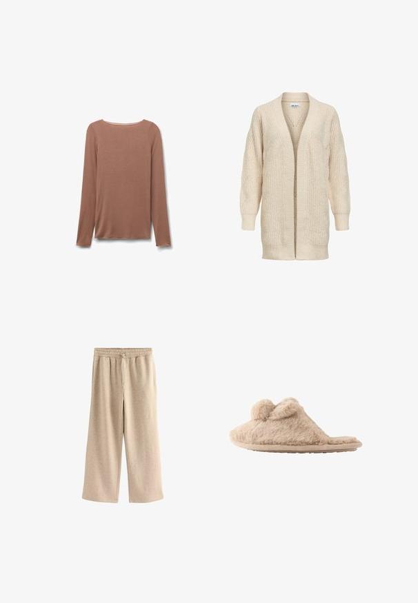 Cárdigan largo beige de punto con delantero abierto, puños y bajo acanalados y patrón texturizado en las mangas y el cuerpo.; Camiseta de manga larga color marrón claro con cuello redondo, de textura simple y lisa, mostrada extendida sobre un fondo blanco.; Pantalones de pierna ancha color crema, hechos de una suave mezcla de algodón. Presentan una cintura elástica con cordón y una sutil textura moteada.; Zapatilla beige y peluda que se pone deslizando, con dos pompones en la parte superior y suela plana, diseñada para uso en interiores.