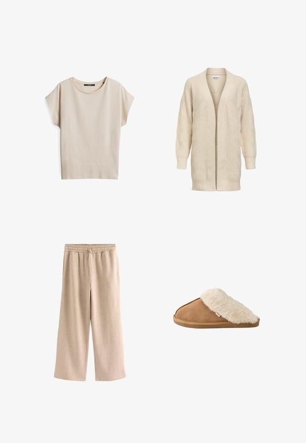 Beige lange gebreide cardigan met open voorkant, geribde manchetten, zoom en een gestructureerd patroon op mouwen en lichaam.; Korte mouwen beige top gemaakt van zachte, gestructureerde stof. Heeft een ronde halslijn en een ribbelsrand, met een ontspannen pasvorm.; Beige broek met wijde pijpen, een elastische tailleband en een koordje, gemaakt van een zachte, gevlekte stof.; Bruine instapslipper met zachte beige nep bont voering en zool, zijkant gezien op witte achtergrond.