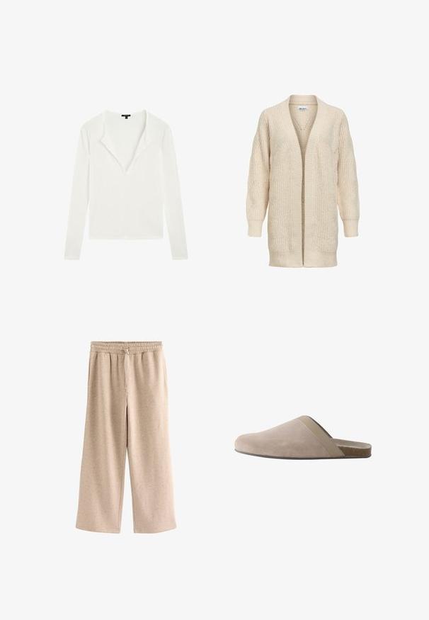 Beige lange gebreide cardigan met open voorkant, geribde manchetten, zoom en een gestructureerd patroon op mouwen en lichaam.; Witte blouse met lange mouwen, diepe V-hals en een licht losse pasvorm, weergegeven tegen een effen witte achtergrond.; Beige broek met wijde pijpen, een elastische tailleband en een koordje, gemaakt van een zachte, gevlekte stof.; Beige suède instap pantoffel met gesloten neus, open achterkant en bruine gevoerde zool tegen een witte achtergrond.