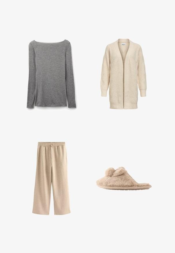 Beiger langer gestrickter Cardigan mit offenem Vorderteil, gerippten Bündchen, Saum und strukturiertem Muster an Ärmeln und Körper.; Graues, eng anliegendes Langarmshirt mit weitem Boot-Ausschnitt, aus weichem, leichtem Strickstoff.; Beige weite Hosen aus weichem Stoff, mit einem elastischen Bund und Kordelzug, sowie einer subtilen gesprenkelten Textur.; Beige flauschiger Hausschuh zum Hineinschlüpfen mit zwei Pompons oben und einer flachen Sohle, für den Innenbereich konzipiert.