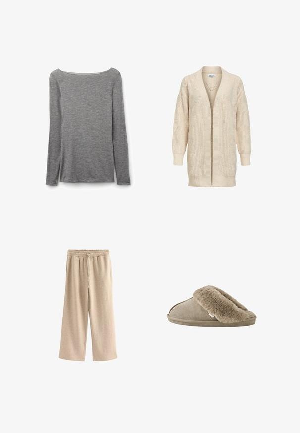 Beige lange gebreide cardigan met open voorkant, geribde manchetten, zoom en een gestructureerd patroon op mouwen en lichaam.; Grijze nauwsluitende top met lange mouwen en een brede boothals, gemaakt van zachte, lichte gebreide stof.; Crème-kleurige wijde broek gemaakt van een zachte katoenmix. Heeft een elastische tailleband met trekkoord en een subtiele gespikkelde textuur.; Beige instapslof met zachte, pluche bontvoering rond de opening en een suède-achtige buitenzool.