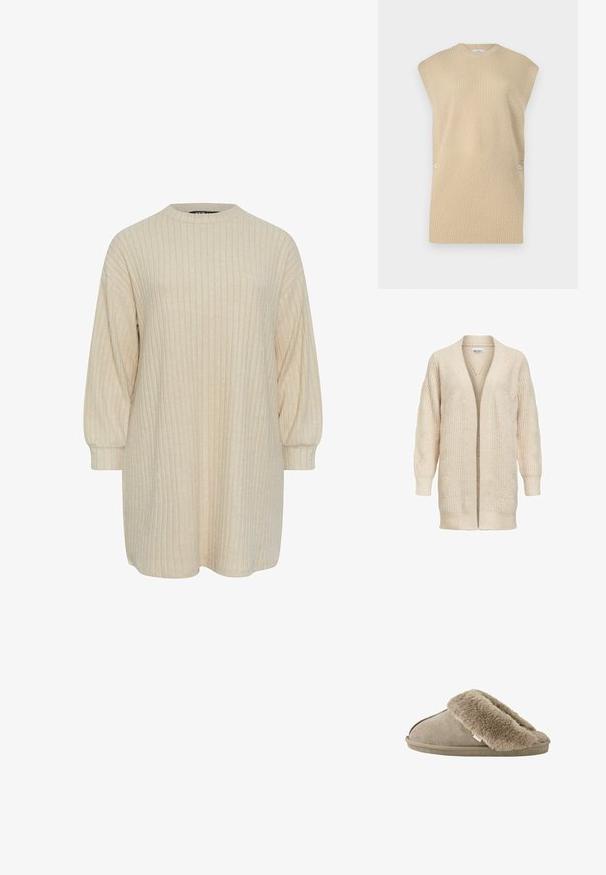 Beige lang strikket cardigan med åben front, ribstrikkede manchetter, kant og tekstureret mønster på ærmer og krop.; Beige strikket sweatervest med ribbet tekstur, rund halsudskæring og brede skuldre. Har to dekorative knapper på siden.; Beige ribbet kjole med høj rund halsudskæring og lange puffærmer. Blød tekstur, knælang længde og subtil vertikal mønsterdetalje.; Beige slip-on tøfler med blød, plyssede pelsforing omkring åbningen og en ydersål med ruskindslignende overflade.