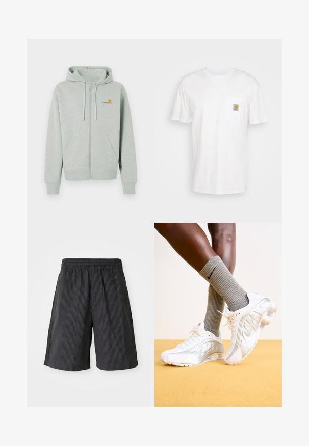 Haut à capuche zippé gris clair avec une poche avant, des poignets côtelés et un petit logo orange sur la poitrine gauche. Fabriqué en tissu doux et texturé.; T-shirt en coton blanc à manches courtes, avec une poche poitrine et un petit patch logo carré en orange et blanc sur la poche.; Shorts noirs avec un design texturé et côtelé, taille élastique et deux poches latérales. Style décontracté, longueur au-dessus du genou.; Baskets Nike blanches avec des accents argentés, présentant des panneaux texturés et des perforations. Assorties à des chaussettes grises à côtes, sur un fond jaune.