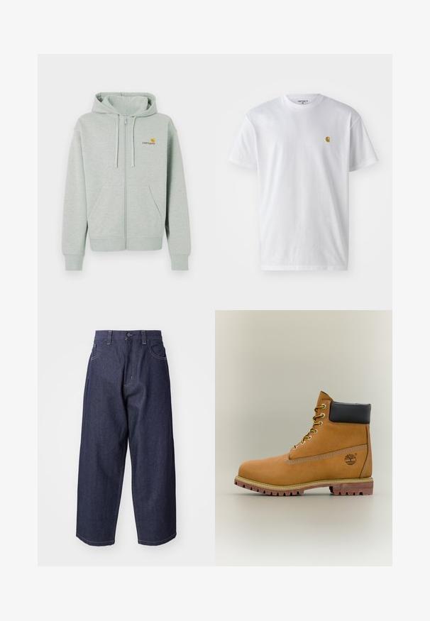 Hellgrauer Reißverschluss-Hoodie mit einer Vordertasche, gerippten Bündchen und einem kleinen orangenen Logo auf der linken Brust. Hergestellt aus weichem, strukturiertem Stoff.; Weißes Baumwoll-T-Shirt mit kurzen Ärmeln, Rundhalsausschnitt, mit einem kleinen goldenen Logo im linken Brustbereich. Weicher Stoff und normale Passform.; Dunkelblaue Denim-Jeans mit einem lockeren, weiten Schnitt. Zu den Merkmalen gehören ein Knopfverschluss, Fronttaschen und sichtbare Nähte.; Brauner Leder-Stiefelette mit schwarzem Kragen, gelben Schnürsenkeln und hellbrauner Sohle. Verfügt über ein Logo und weiße Ziernähe. Robuste Profilsohle.